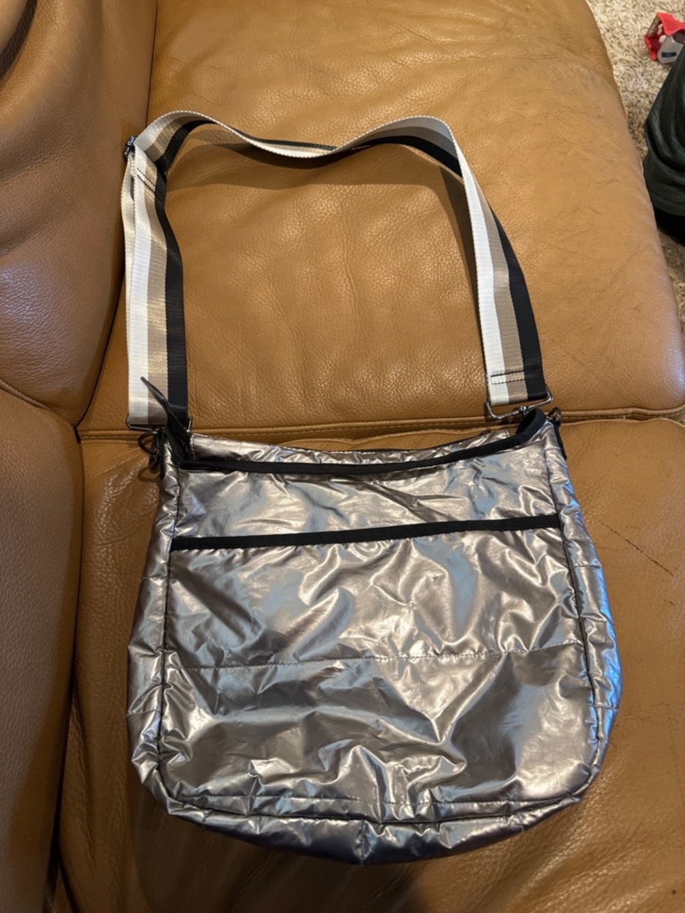 HAUTE SHORE Metallic Silver Crossbody with Black-White Strap
